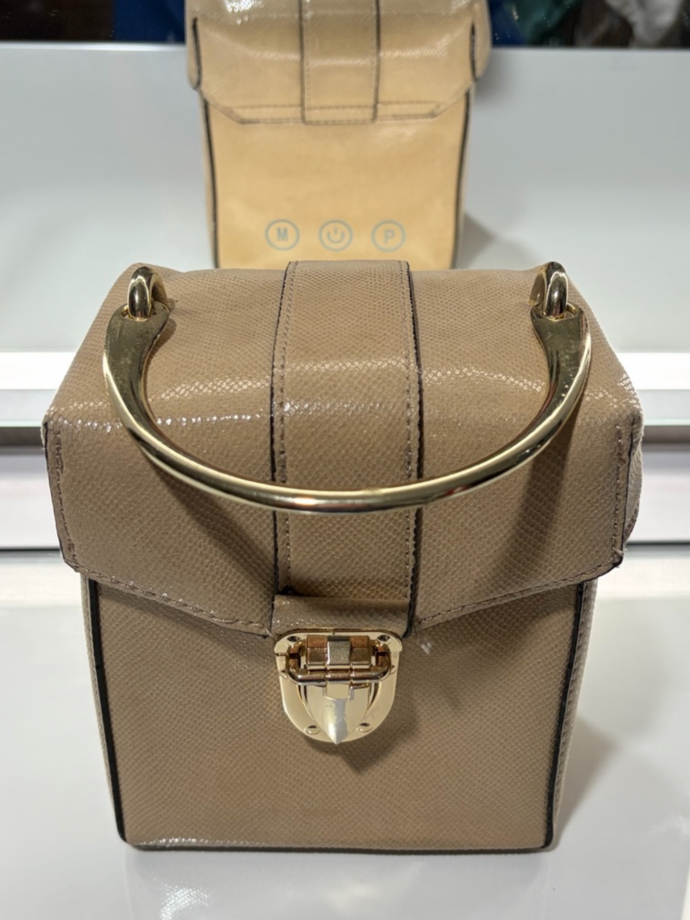 Beige Structured Mini Top-Handle Box Bag with Gold Hardware Box Purse